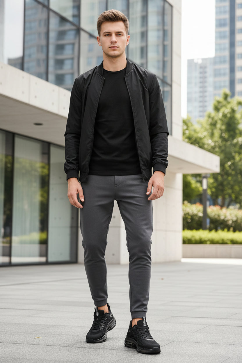 Black athletic shoes with visible branding on a reflective surface