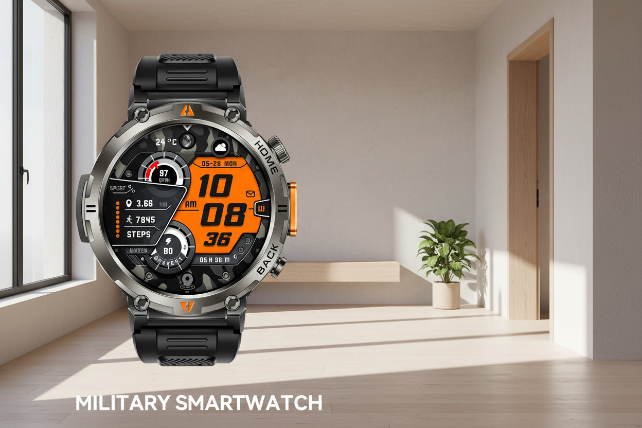 Person wearing a military smartwatch with additional watch displayed below, on a dark background.