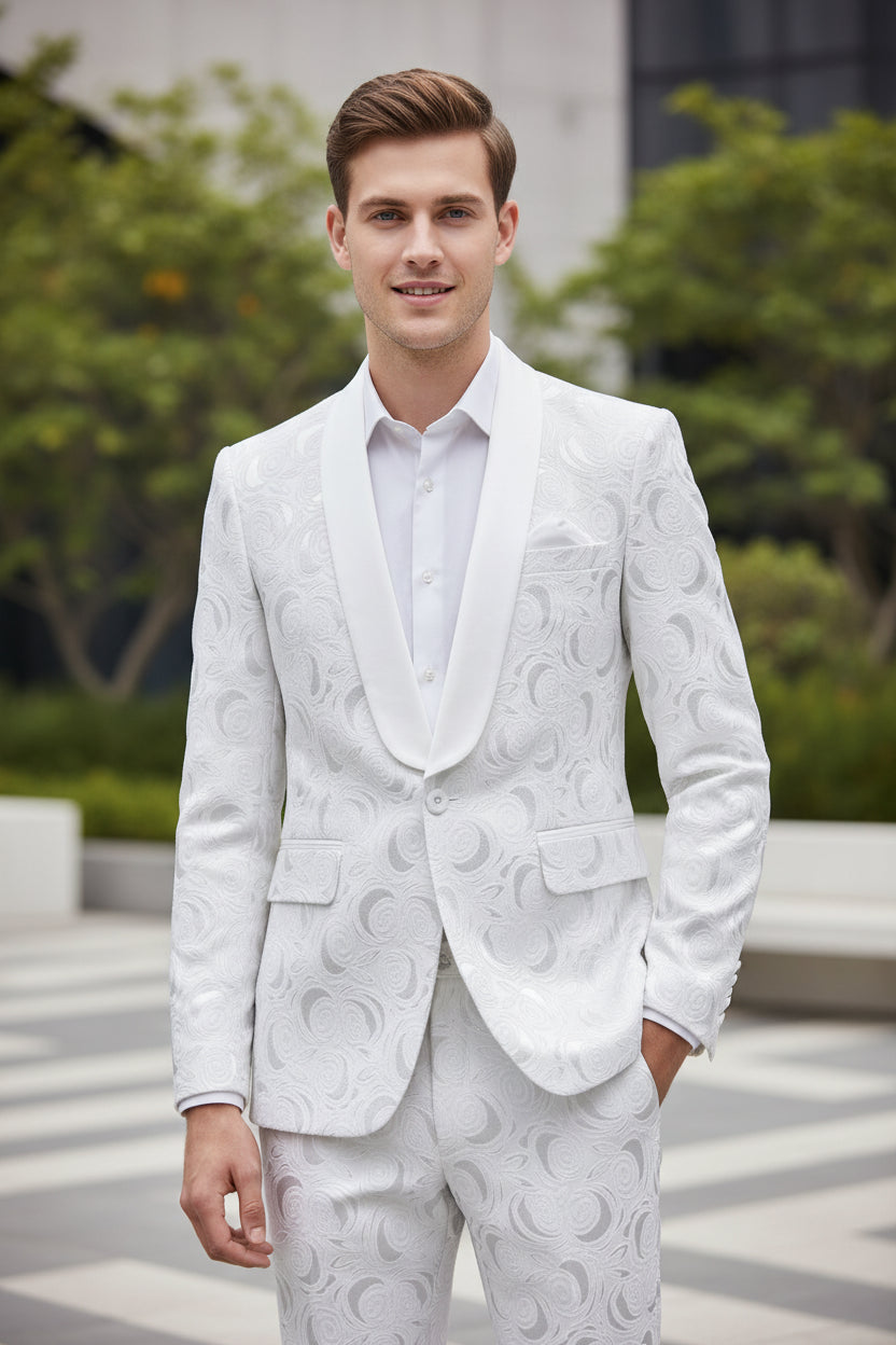 White patterned suit jacket and pants on a white background