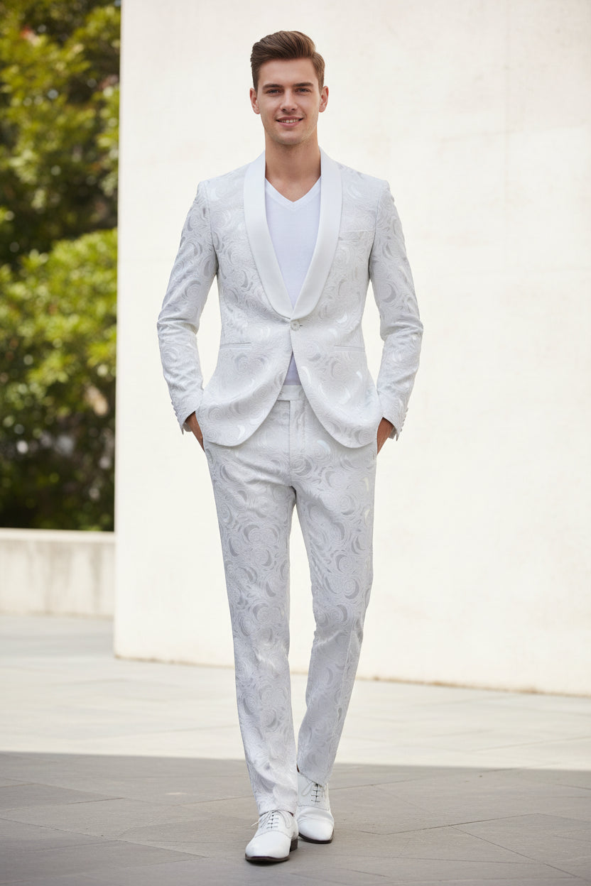 White patterned suit jacket and pants on a white background