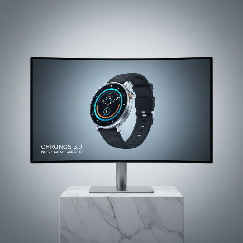 Smartwatch with AMOLED display and various features on a white background