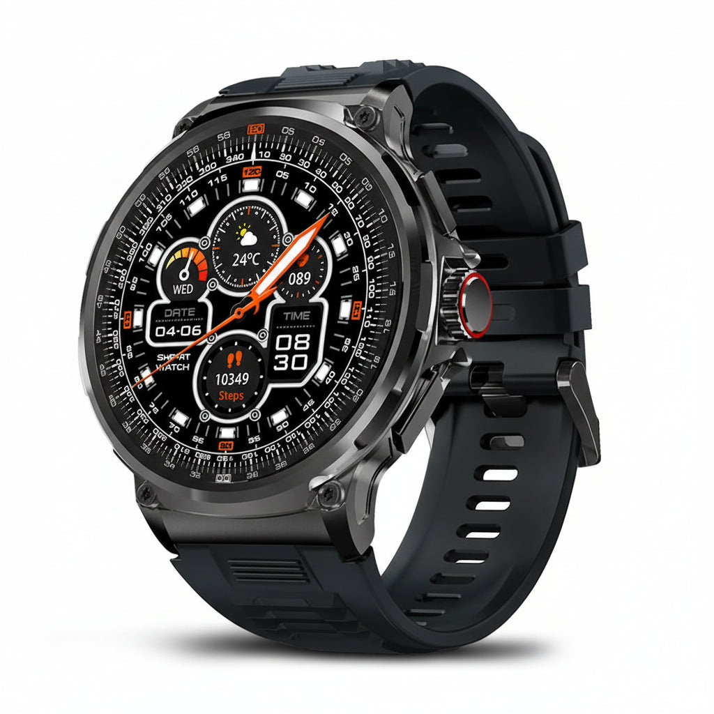 Smartwatch with AMOLED display and various features on a white background