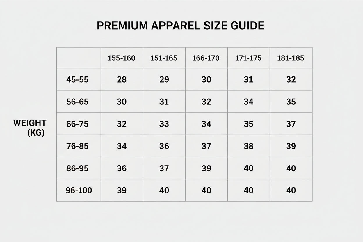 Table showing cross-references of sizes on weight and height