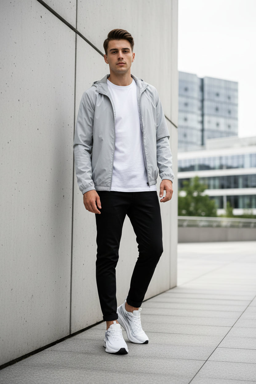 White running shoes with black accents on a reflective surface and gray background
