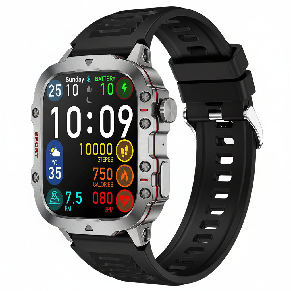 Smartwatch with a black strap on a white background
