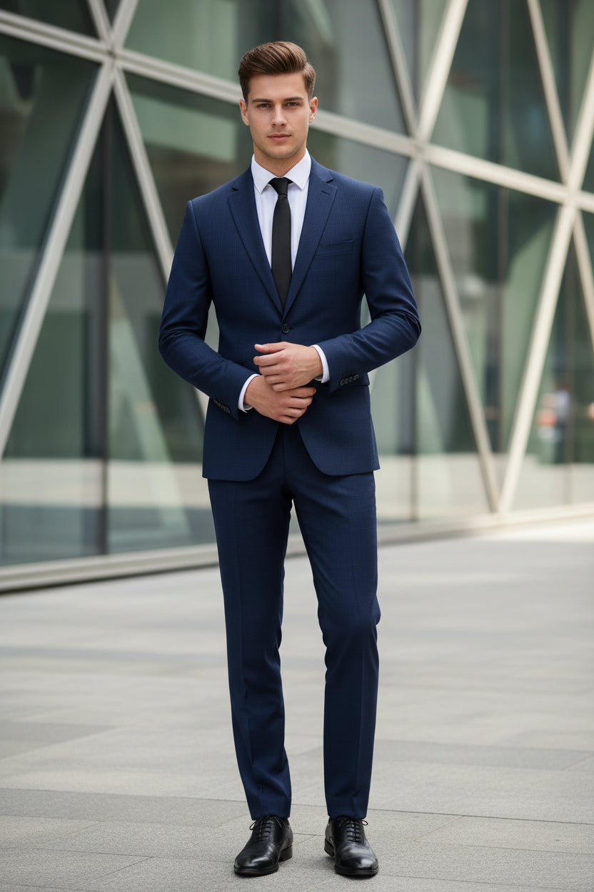 Man in a blue suit standing outside a building with a menu in the background.