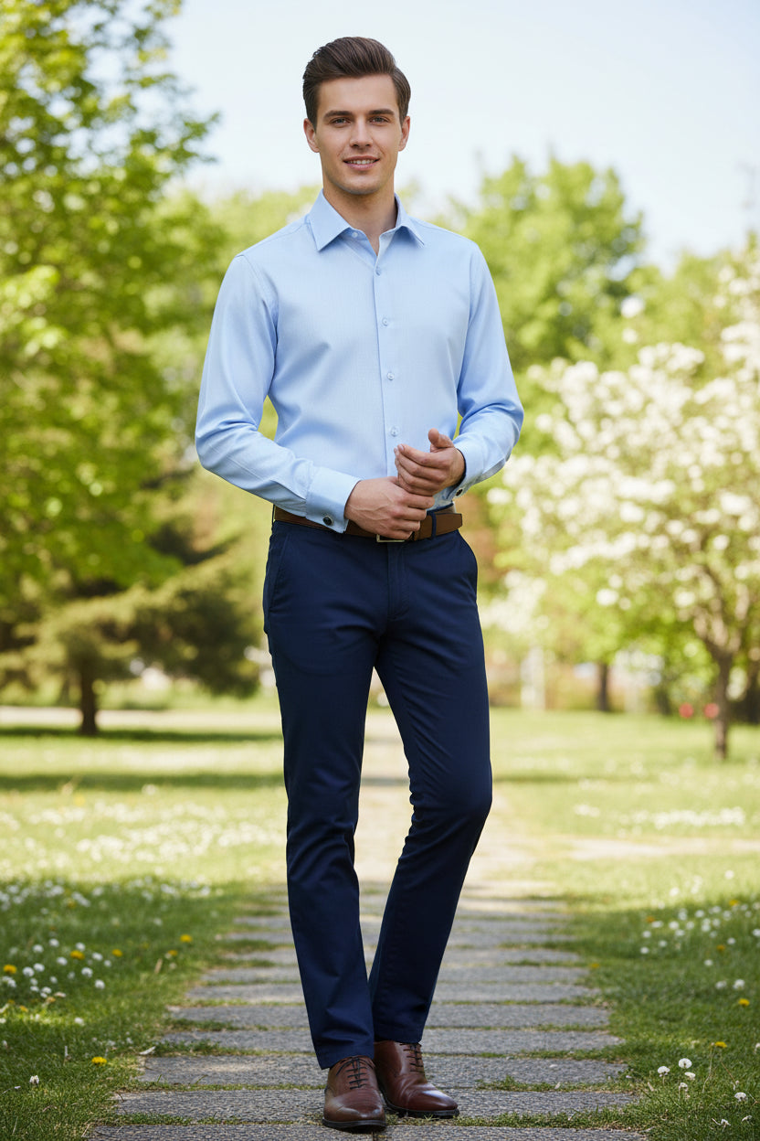 Light blue dress shirt with cufflinks on a white background