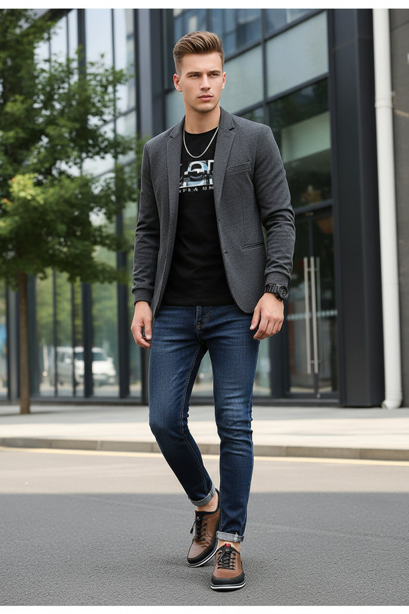 Brown and black shoes being worn on a gray background