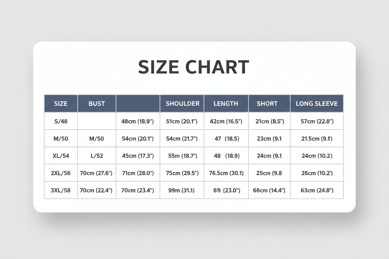 Size chart for clothing measurements in centimeters and inches