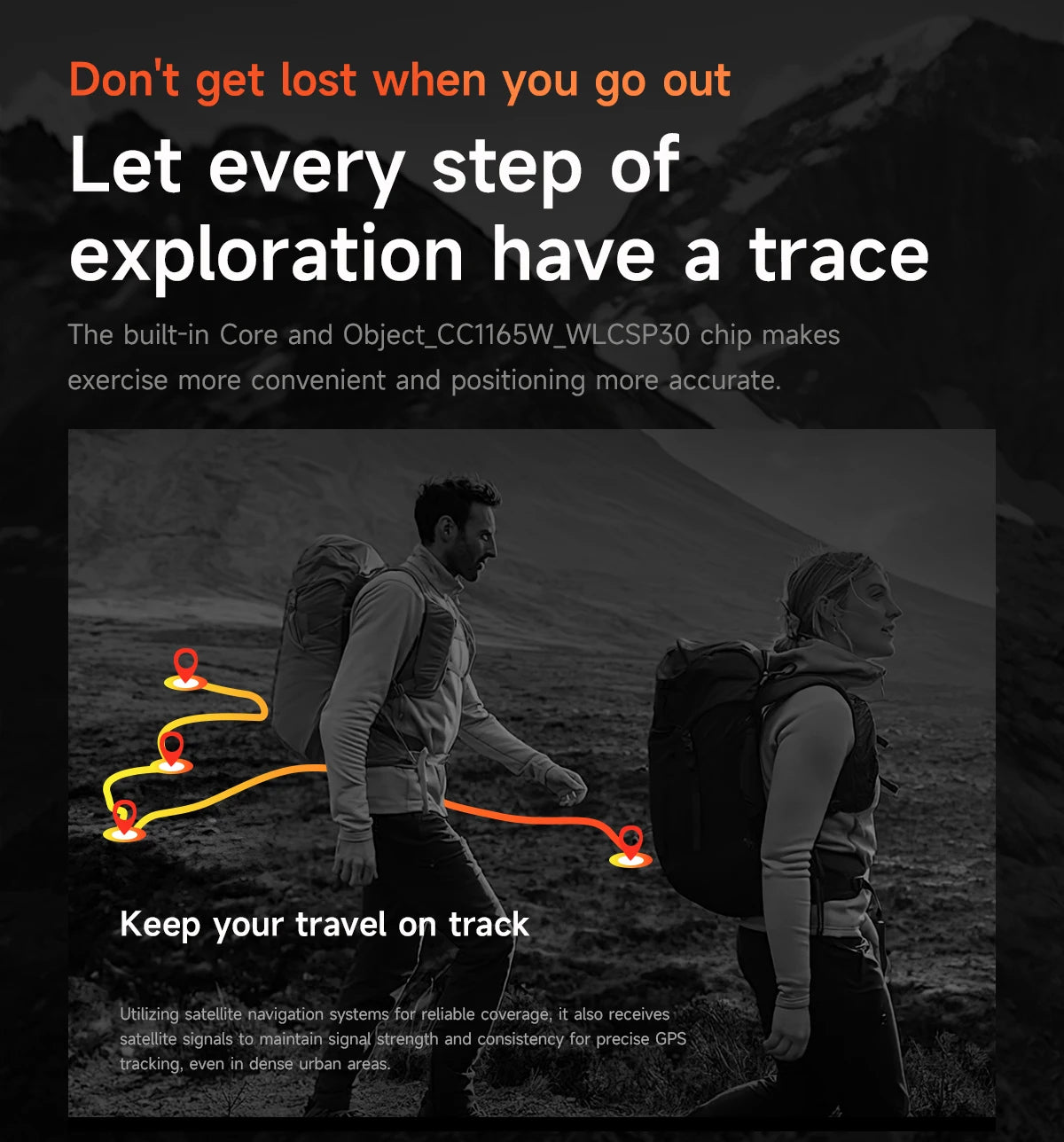 Two people with backpacks in a mountainous landscape with text about GPS tracking system.