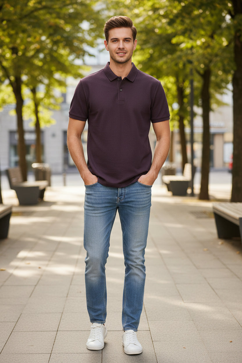 Purple polo shirt on a hanger with a hand holding it, against a blurred background of other shirts.