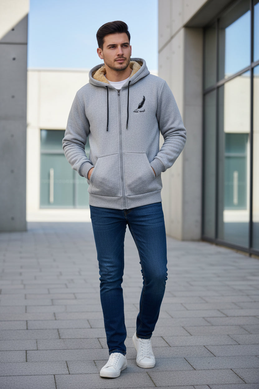Gray hoodie with a zipper and sherpa lining on a black background
