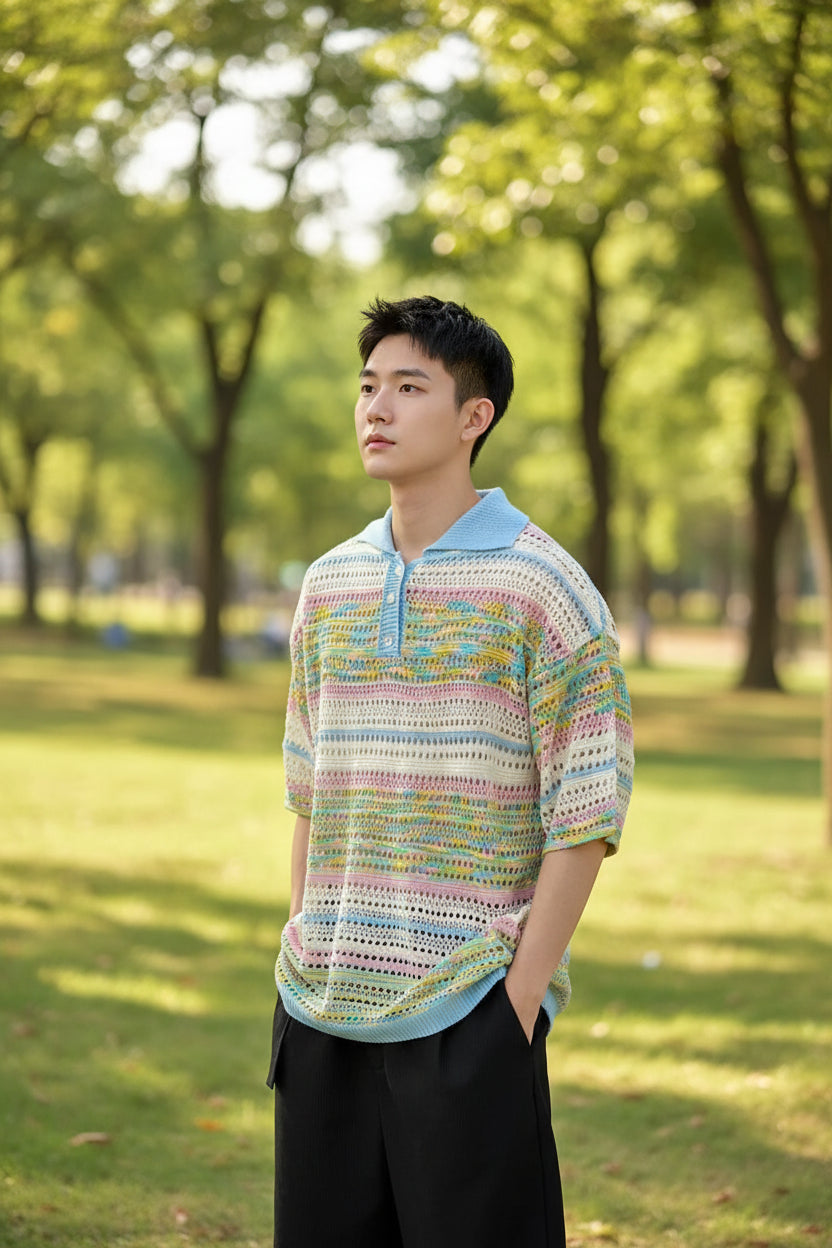 Vintage Colour Stripe Hollow Lapel Collar Short Sleeved T-Shirt for Men
