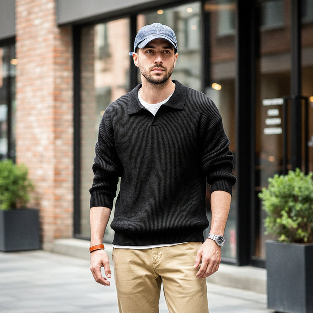 Man wearing a dark gray sweater and beige pants with a blurred background