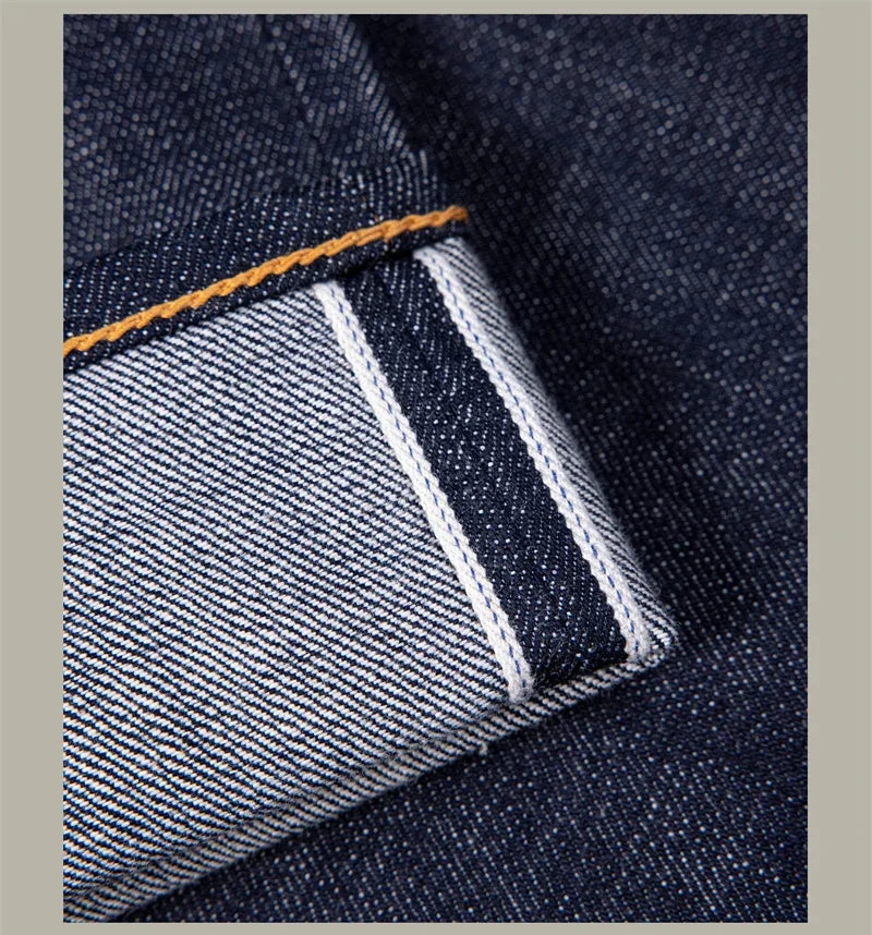 Close-up of denim fabric with a striped pocket detail