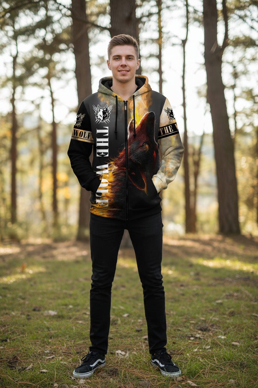 Hoodie with wolf design and 'The Wolf' text on a white background