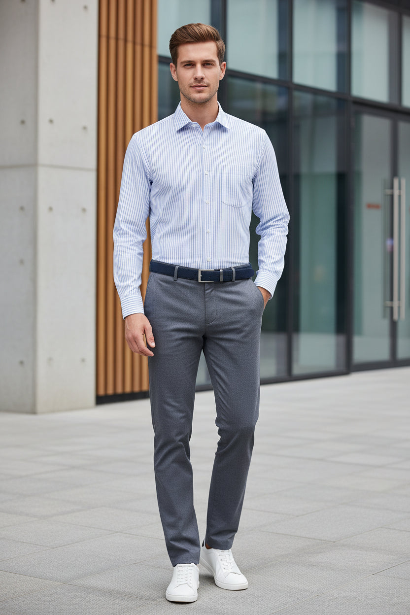 Blue and white striped shirt with a collar on a light background