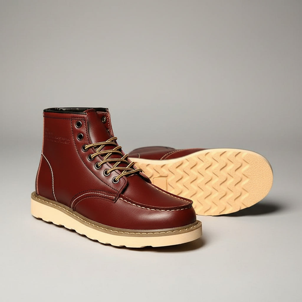 Brown leather boots with beige soles on a textured brown background