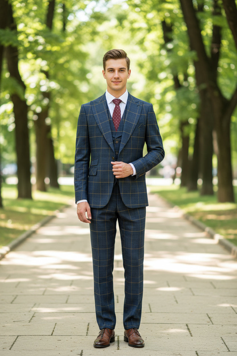 Blue checkered suit with red tie on a mannequin against a brown curtain background