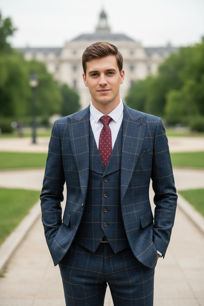 Blue checkered suit with red tie on a mannequin against a brown curtain background