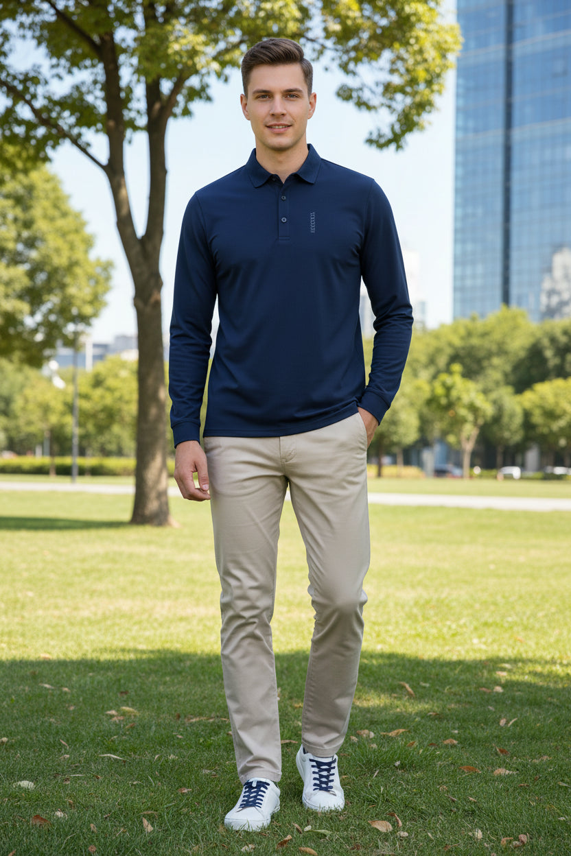 Navy blue shirt with a brand logo on a white background