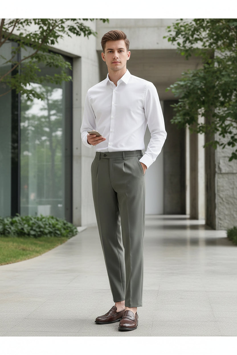 Person wearing gray dress pants and brown shoes in an indoor setting
