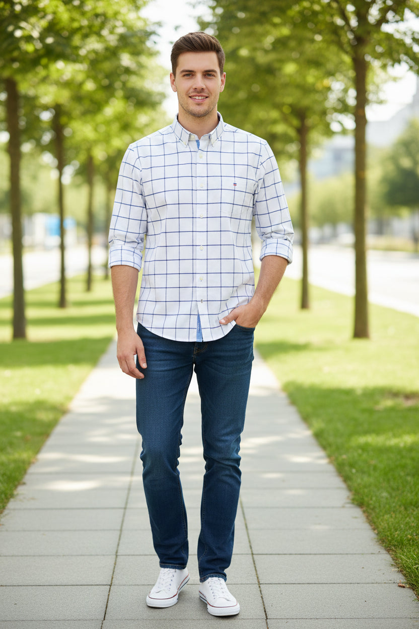 White shirt with blue checkered pattern on a white background