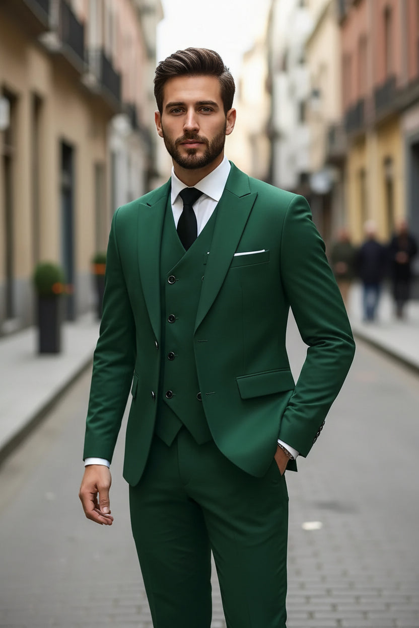 Man wearing a green suit with a white shirt and black tie on a city street.