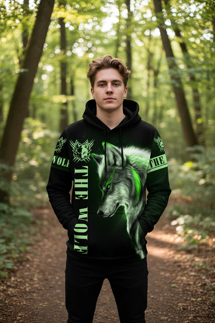 Black hoodie with a wolf design and green text on a white background