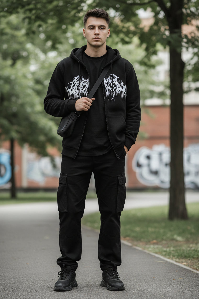 Black hoodie with white graphic design on a white background