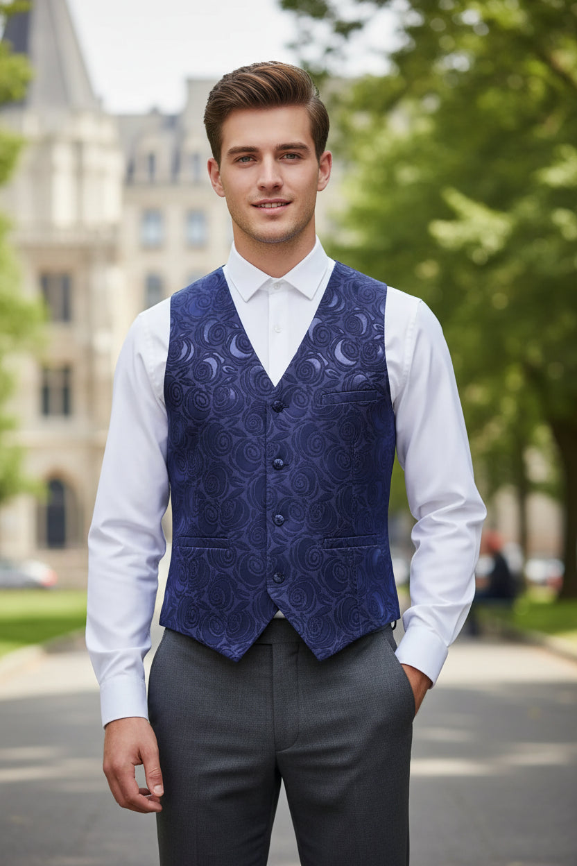 Navy blue patterned vest shown from front and back on a white background