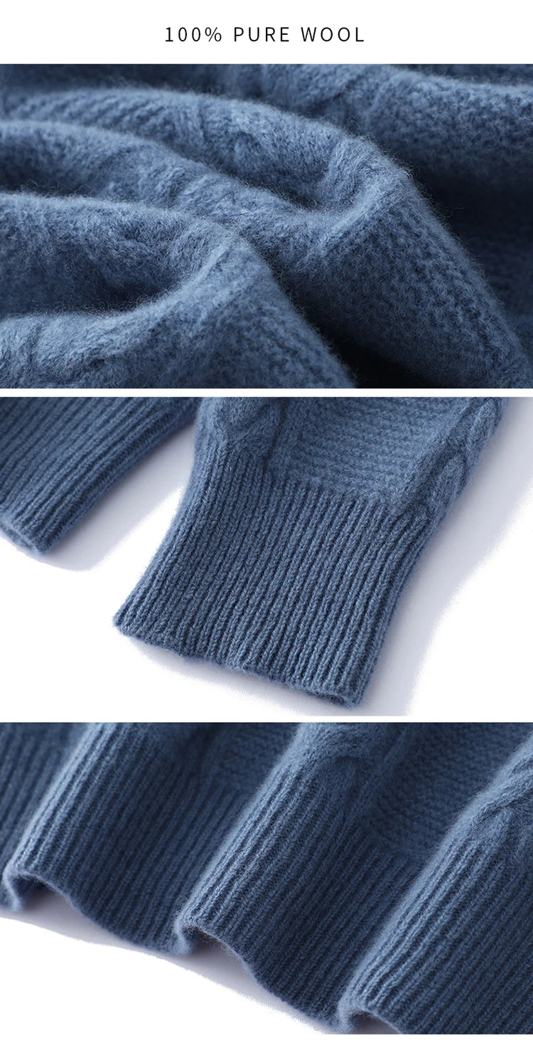 100% Merino Wool Sweater Men's Round Neck Thickened Tops Autumn Winter New Soft Warm Casual Solid Color Knitted Pullover