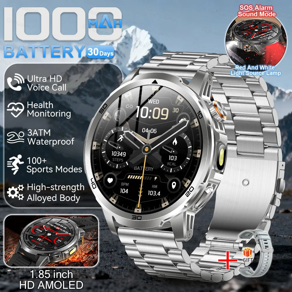 Silver smartwatch with mountainous background and feature highlights