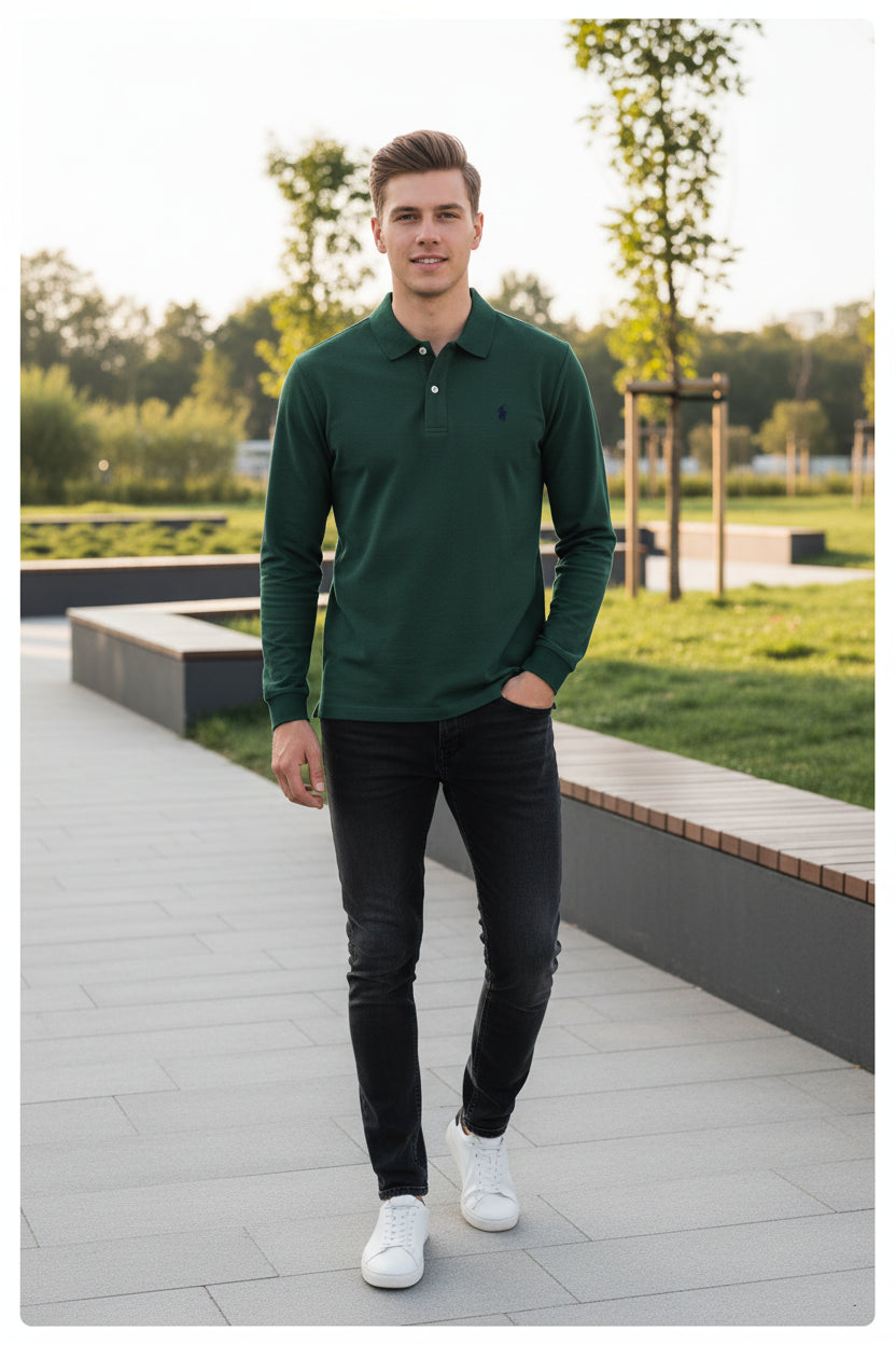 Green polo shirt with a brand logo on a hanger