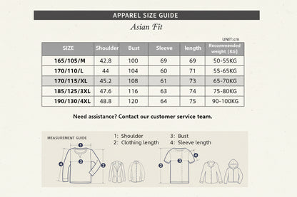 Asian size chart for clothing with measurements and weight recommendations.