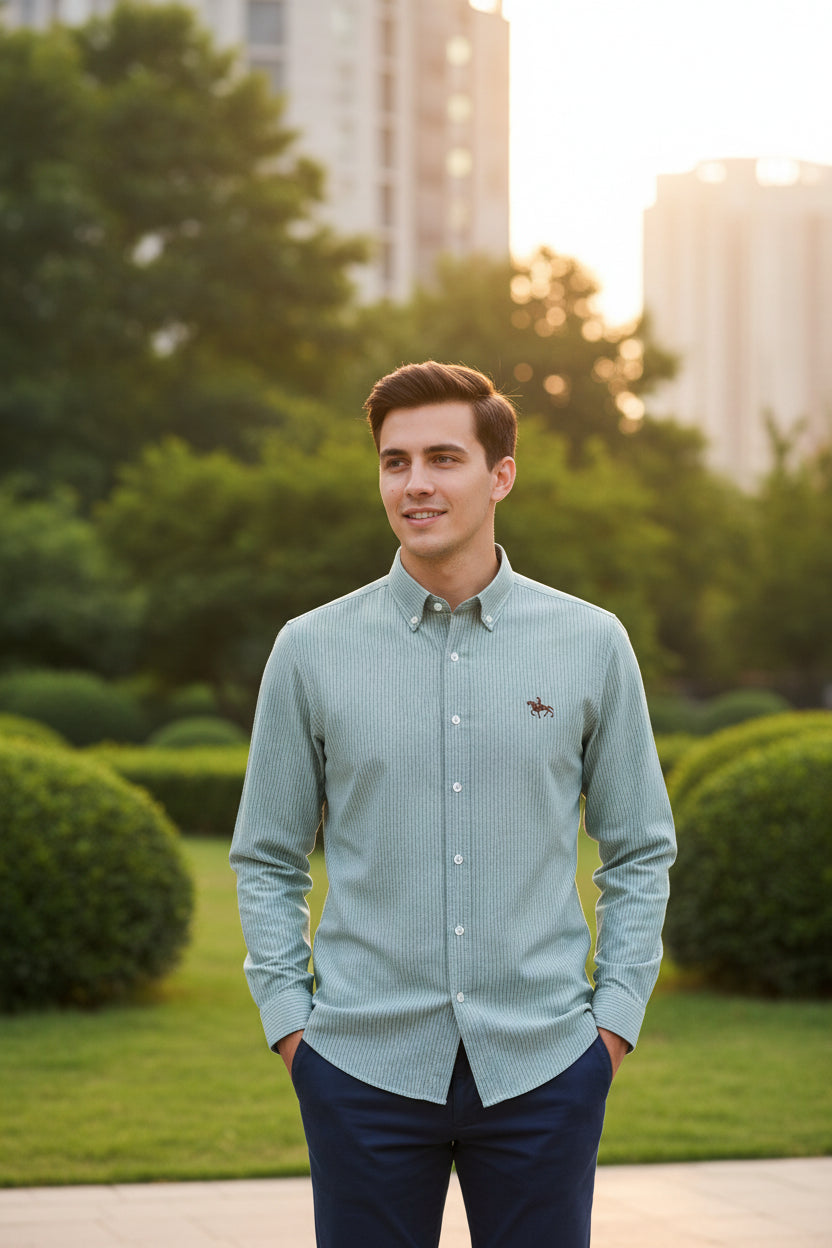 Folded green striped shirt with a logo on a white background