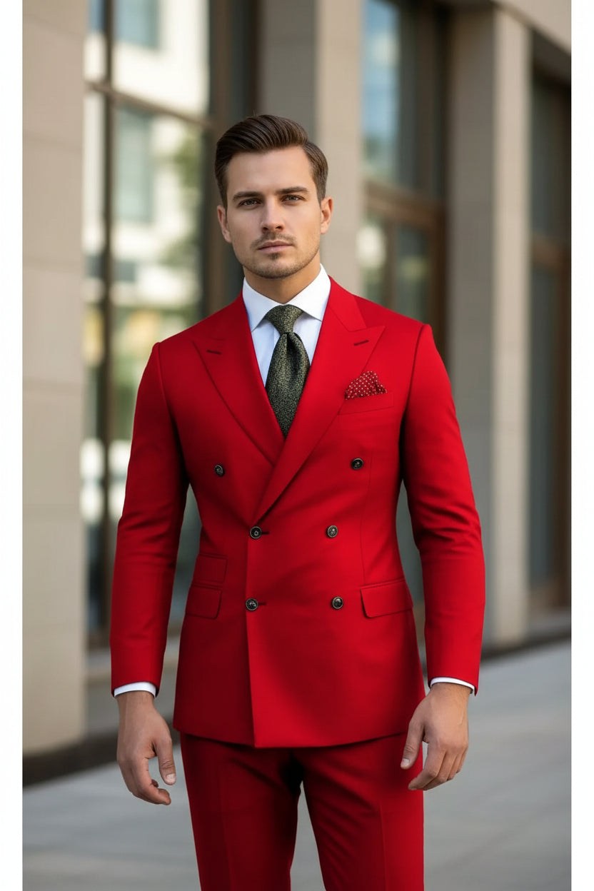 Man wearing a red suit with a white shirt and patterned tie.