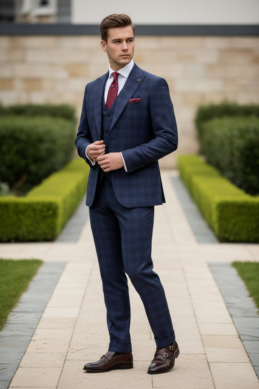 Blue suit with a waistcoat, jacket, and shoes on a stand against a neutral background.