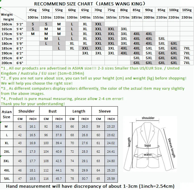 Size chart for a suit jacket with weight, height, and Asian size measurements.