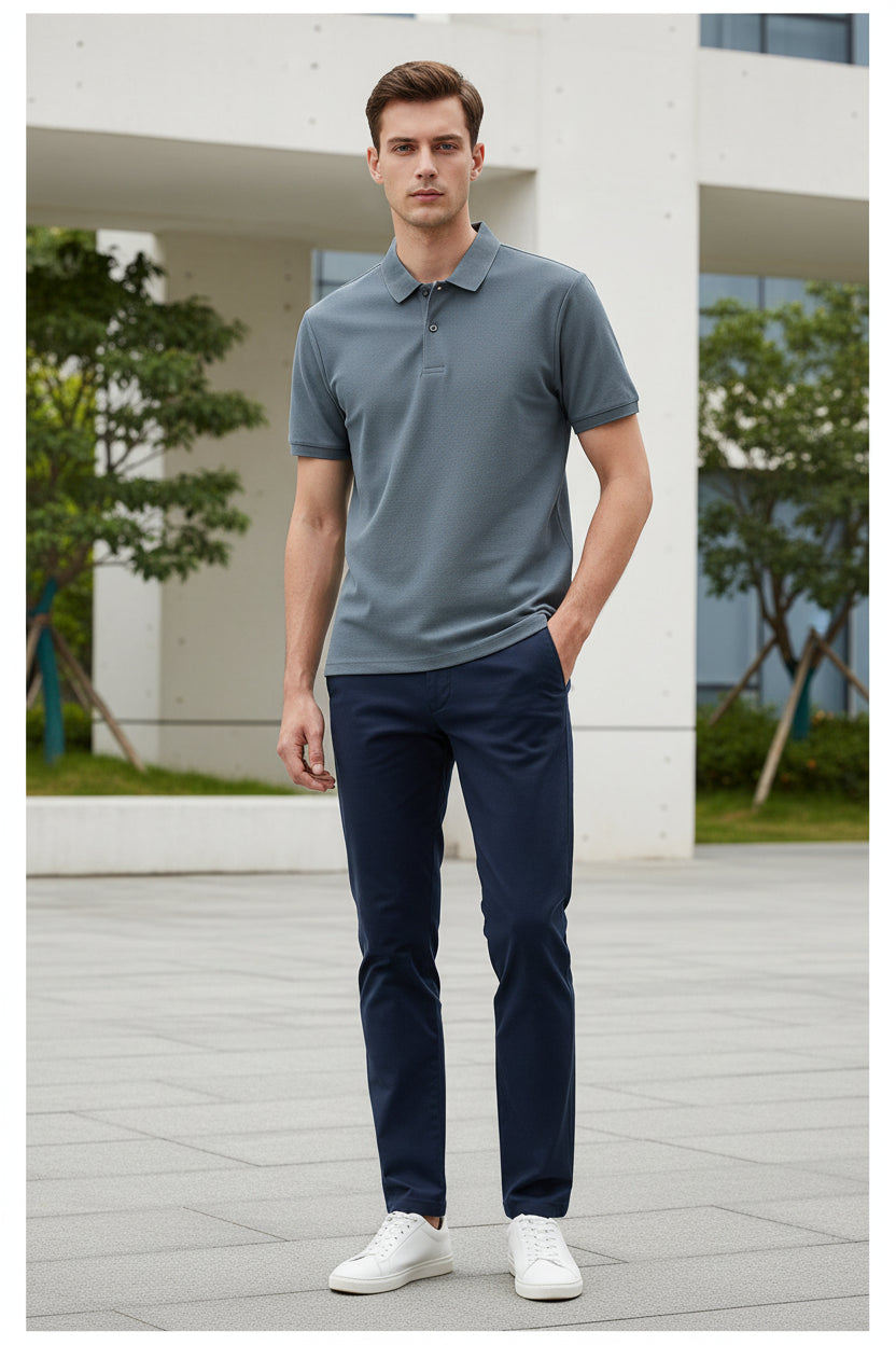 Gray polo shirt on a hanger with a hand touching it, against a blurred background of more shirts.