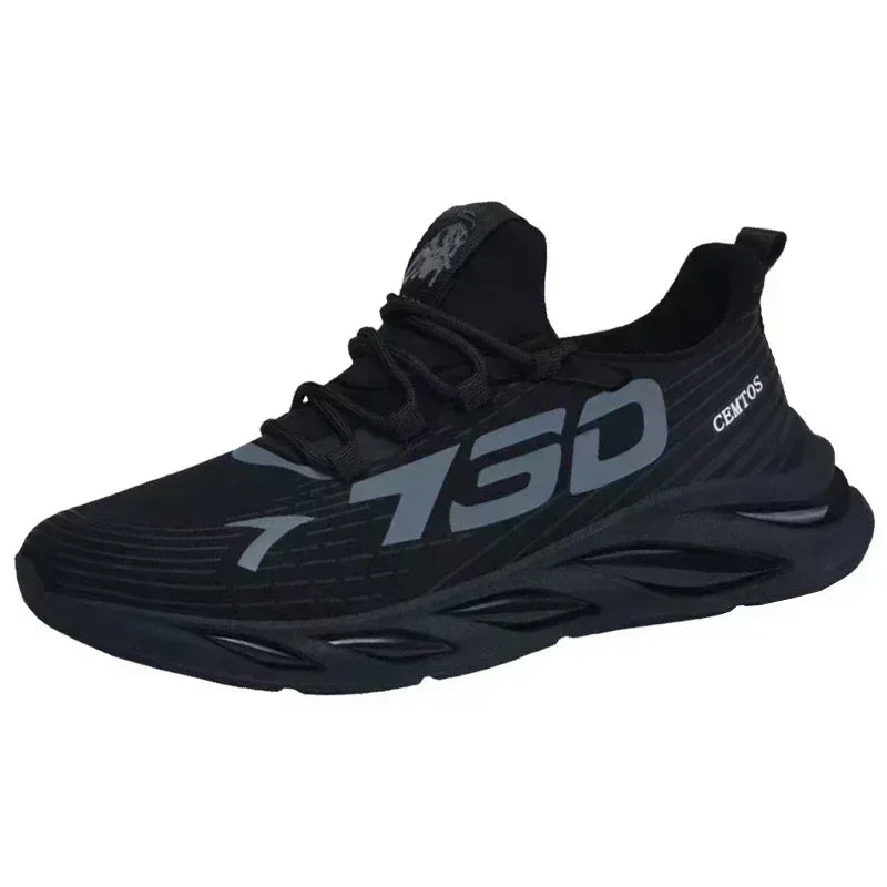 Black running shoe with '730' branding on a white background