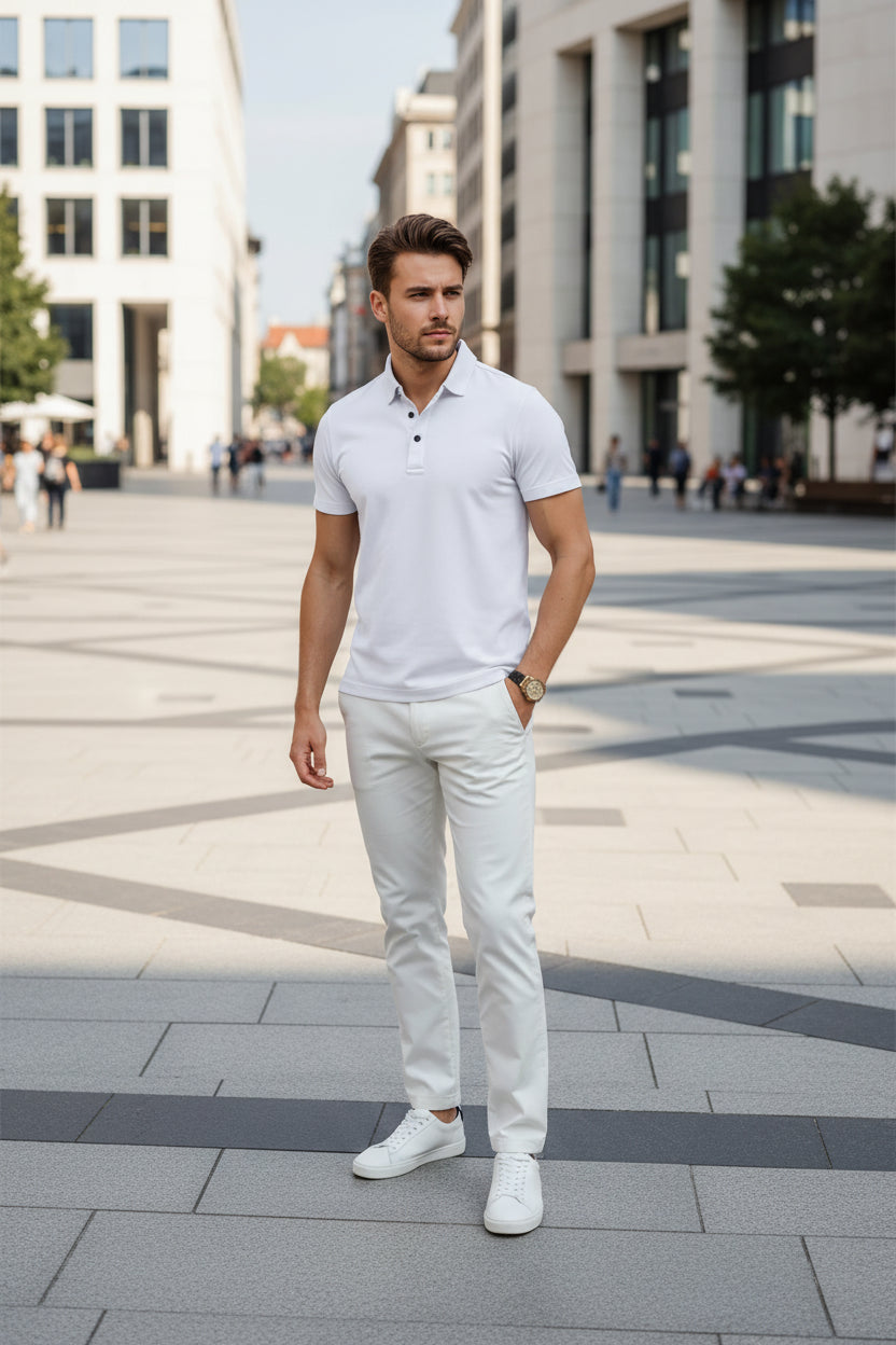 Man wearing a white polo shirt and pants on a blurred street background