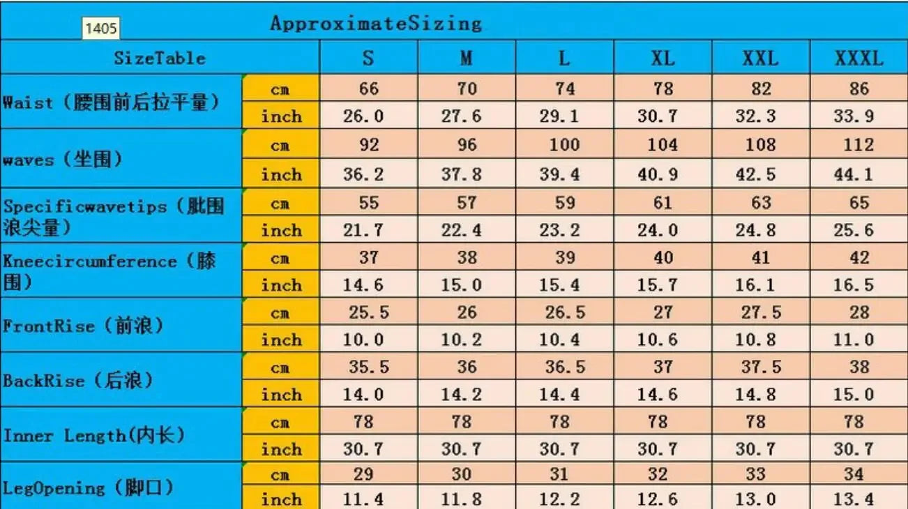 Size chart with approximate sizing for waist, hips, and leg opening measurements in both centimeters and inches.