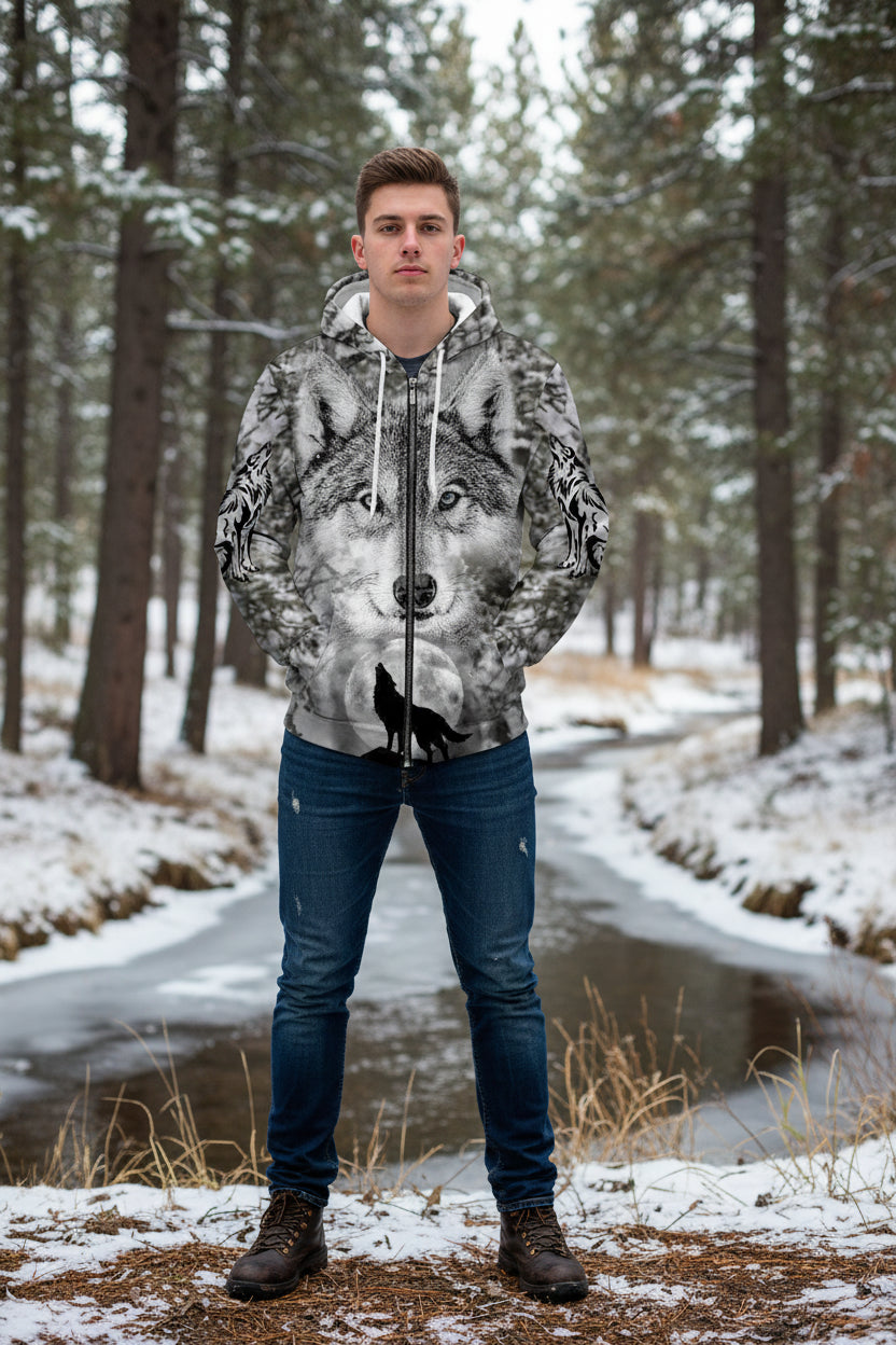 Hoodie with wolf design on a white background