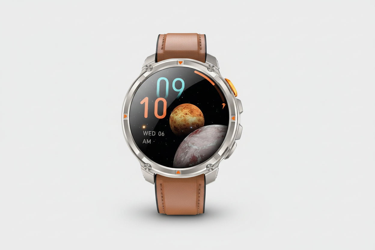 Smartwatch with brown and black band on a dark background, featuring battery capacity and waterproofing information.