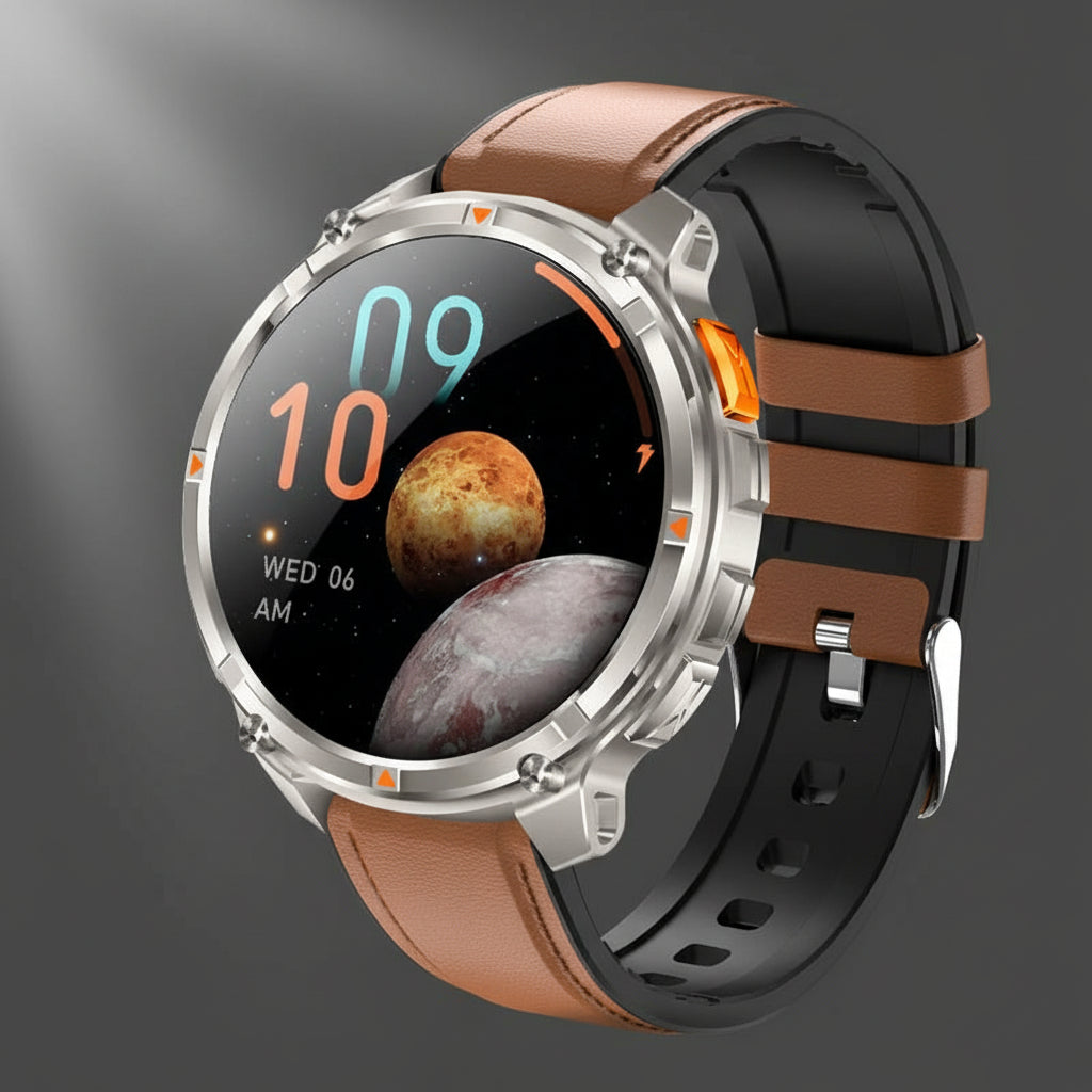 Smartwatch with brown and black band on a dark background, featuring battery capacity and waterproofing information.
