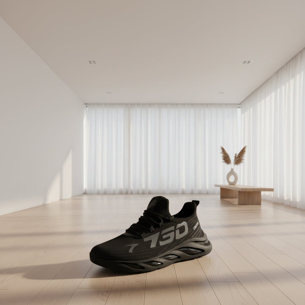 Black running shoe with '150' branding on a light gray background