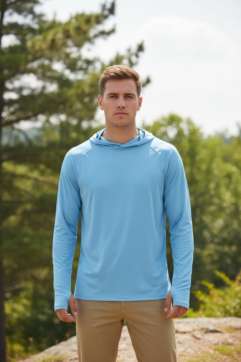 Light blue hoodie with a brand logo on a white background