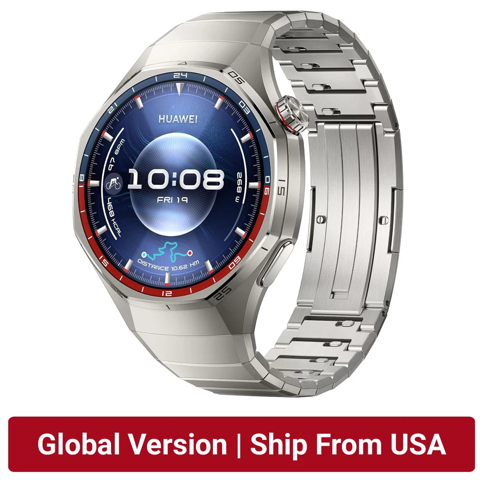 Silver Huawei smartwatch with a blue screen on a white background, featuring text 'Global Version | Ship From USA'.