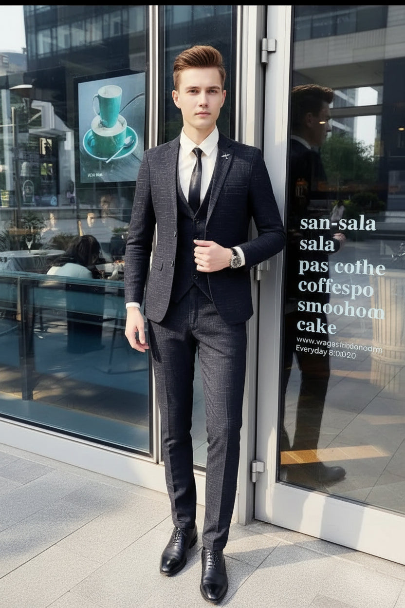 Man in a gray checkered suit standing in front of a store window.